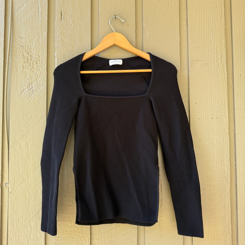 Babaton Sculpt Knit Squareneck Long Sleeve Top Women Medium Black Ribbed Aritzia